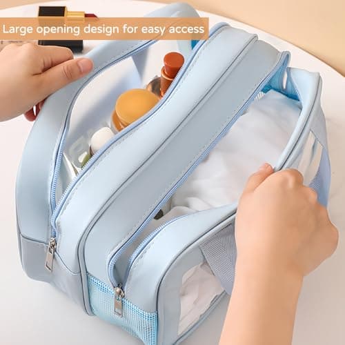 Large Clear Wash Bag, Dry Wet Segregation Toiletry Bag with Hollow Mesh Portable Makeup Bag PVC Waterproof Cosmetic Bag Travel Toiletries Bags for Women Men (Large-Blue) — view 6