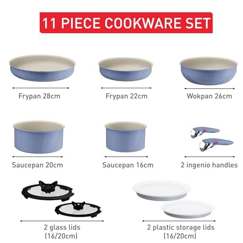 Tefal Ingenio Serenity Blue Non-Stick 11-Piece Cookware Set, Glass Lids — view 6