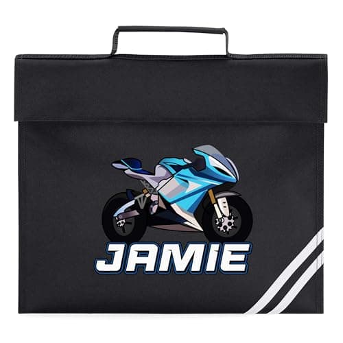 Personalised Sky Blue Superbike Book Bag for Boys Motorbike Bikes Return to School Nursery Kids Bag, One Size, Black