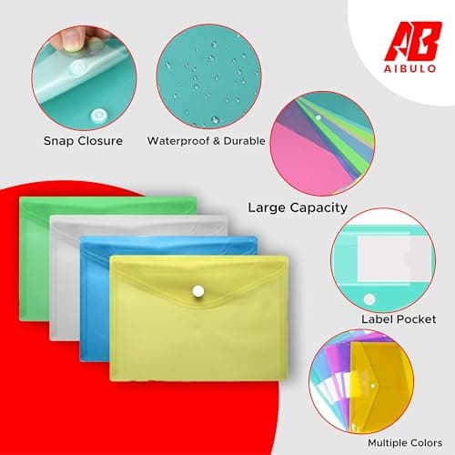 AIBULO Pack of 10 A5 Popper Wallets – Assorted Colour Plastic Document Folders for School, Office & Home – Compact A5 File Wallets for Notes, Receipts & Paperwork Organisation — view 5