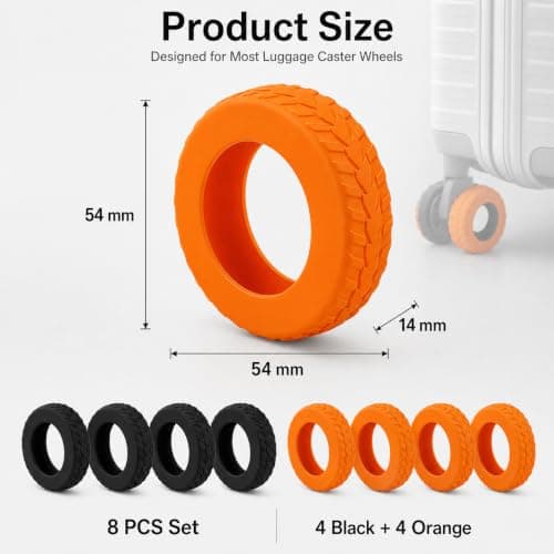 Oiieco Luggage Wheel Protectors, 8 PCS Silicone Wheel Covers for Suitcases, 50-60mm Spinner Wheels, Anti-Noise Shock Absorbing Caster Covers, Black & Orange — view 2