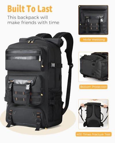 Ponhog Travel Backpack for Men - 50L Convertible Duffle Bag with Shoe Compartment, Carry On Laptop Backpack with USB Charging Port, Hiking Backpack Gym Daypack Water Resistant Rucksack,Black — view 5