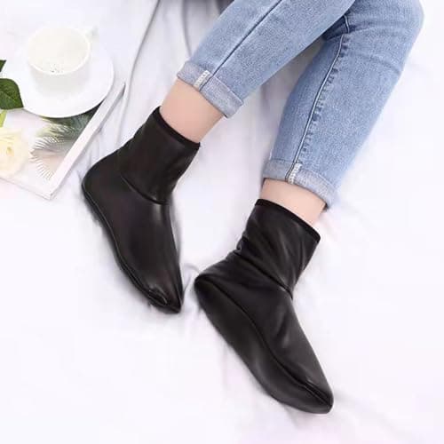 alloneslife Women Men Winter Warm PU Faux Leather Slipper Socks Fleece Lined Thermal Indoor Outdoor Home Slip Middle Tube Socks(Black straight) — view 5