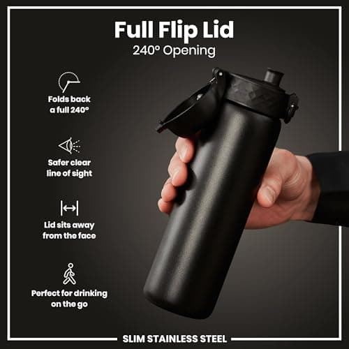 Ion8 Lightweight Steel Water Bottle, 600 ml/20 oz, Non-Insulated, Leak Proof, Easy to Open, Secure Lock, Dishwasher Safe, Flip Cover, Fits Cup Holders, Carry Handle, Metal Water Bottle, Black — view 4