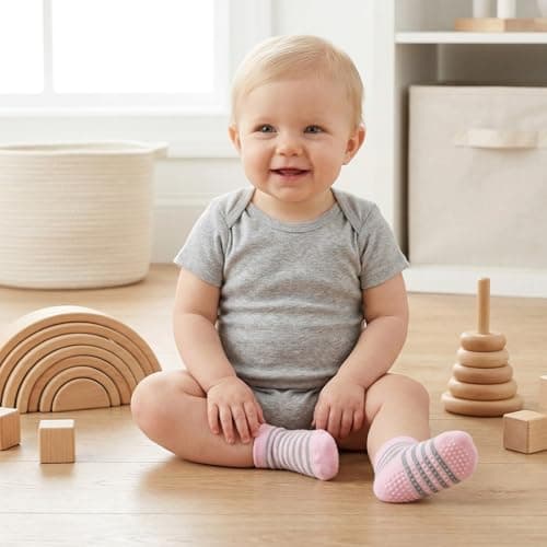 Admygo 6 Pairs Striped Toddler Grip Socks Size M for Girls 1-3 Years, Soft Cotton Baby Anti-Slip Walking Socks, Breathable Non-Slip Slipper Socks for Active Infants — view 2