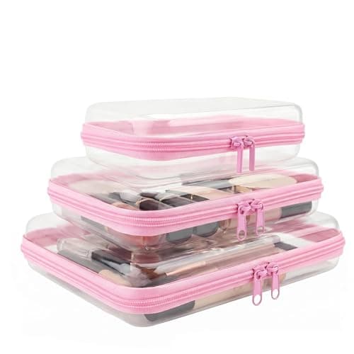 3PCS Clear Hard Shell Zipper Cases Transparent Toiletry Toys Bags Waterproof Cosmetic Toiletry Bag Portable Travel Organizer for Travel Makeup Tools Toy Storage Bin, Puzzles (Pink)