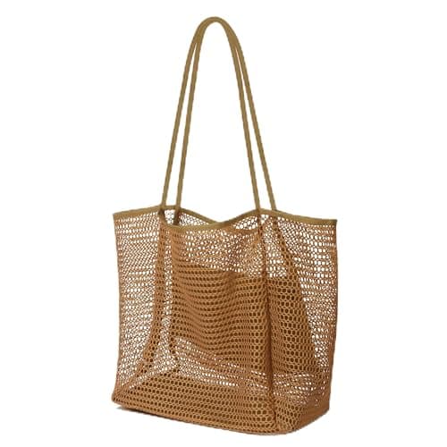 Poeruse Beach Mesh Tote Bag, Beach Bags for Women with Zip, 26L Mesh Handbags, Travel Shopping Handbag for Holiday (Brown)