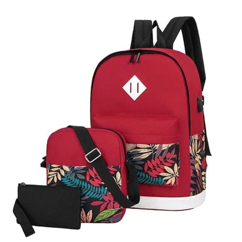 Cute Backpack Leaf Pattern 3-Piece Travel Set Business Daypack Style