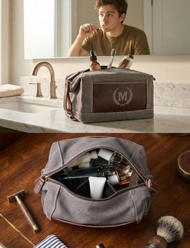 Aganmi Personalized Travel Toiletry Bag Canvas Leather Splicing Dopp Kit, Custom Laser Engraved Initials for Men Husband Father Graduation Groomsmen Gift, Shaving Organizer Pouch B — view 6