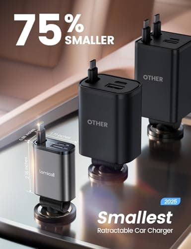 Lamicall 3 in 1 Retractable Car Charger Adapter -【2026 Ultra Compact】57W Cigarette Lighter USB Charger, Car Phone Charge with Type-C Cable/USB C/USB A, 12V/24V Socket for Phone, Android - Black — view 3