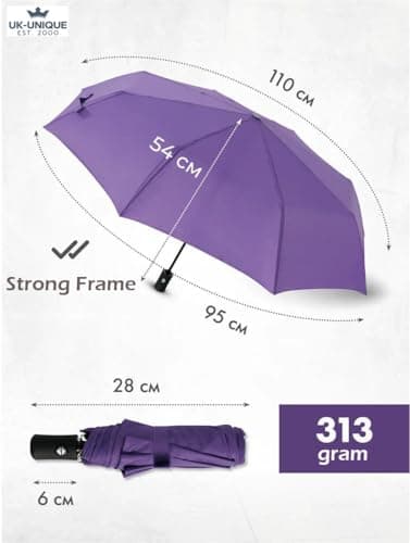 UK-UNIQUE Windproof Travel Umbrella - Compact, Light, Automatic, Strong and Portable - Wind Resistant, Small Folding Backpack Umbrella for Rain - Men and Women (Purple) — view 3