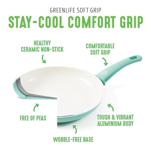 GreenLife Soft Grip Healthy Ceramic Nonstick 16 Piece Kitchen Cookware Pots and Pans Set, Includes Frying Pan Skillets Sauce and Casserole, PFAS-Free, Oven Safe, Turquoise — view 4