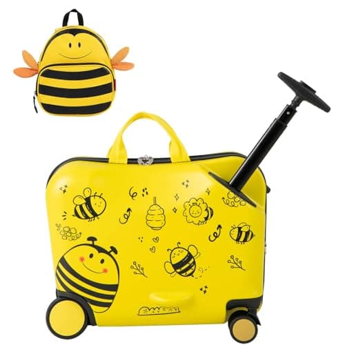 Maxmass 2 PCS Kids Luggage Set, 12" & 18" Children Ride on Suitcase and Backpack with Adjustable Handle, Anti-Lose Rope, Girls Boys Hard Shell Trolley Case for School Travel (Yellow Bee)