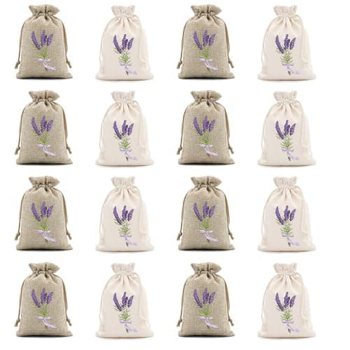 16 Pcs Empty Lavender Sachets, Lavender Bags, Drawstring Fabric Pouches for Aromatherapy, Jute Fabric Drawstring Pouches for Wardrobes Drawers and Moths (10 x 15 cm)