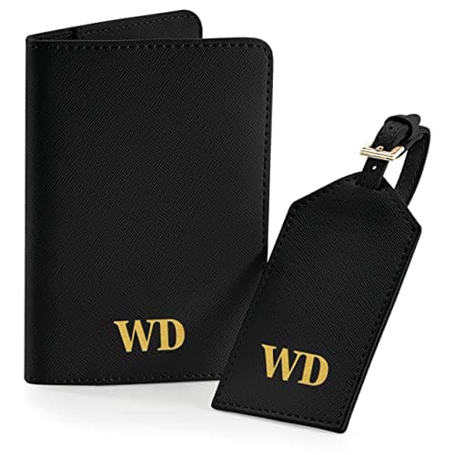 Prisée Personalised Initial Passport Holder and Luggage Tag Set - Suitcase Label for Travel Baggage Travel Gift Set for Him Her Matching Couples, Black