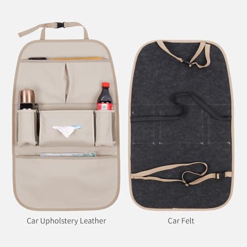 pefirst Car Backseat Organizer for Kids, Car Back Seat Storage Bag With 3 Pockets, 2 Drinks Holders, Water Resistant, Kids Toy Storage Kick Mat Back Seat Protector for Toddlers (Beige 1-Pack) — view 6