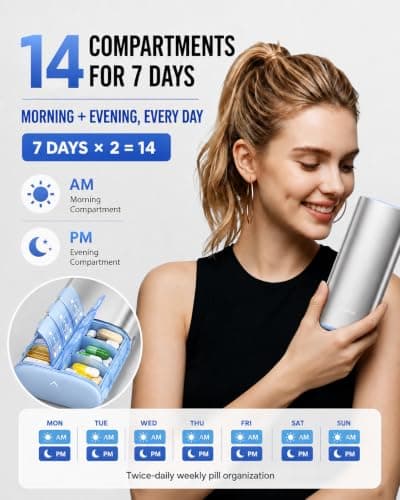 VAYDEER Metal 7 Day Pill Organiser AM PM, 14 Compartment Pill Box, Silver — view 2