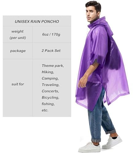 GUKOY Reusable Rain Ponchos for Adults, 2 Pcs Raincoats (Pack of 1) Emergency for Women Men with Hood Purple — view 6