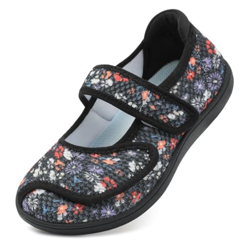 JOINFREE Womens Comfort Mary Jane Walking Shoes Wide Fit Black Flower