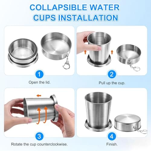 M METERXITY 2 Pack Stainless Steel Collapsible Travel Cup, 2.4/5oz Reusable Collapsible Metal Cup Portable Foldable Water Bottle with Lid and Keychain for Travel/Camping/Hiking — view 4