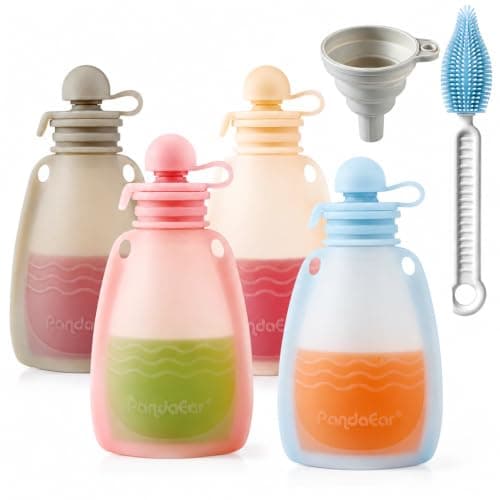 PandaEar 4 Pack Reusable Silicone Baby Food Pouches, Squeeze Pouches for Toddler Kids, BPA-Free Silicone Refillable Baby Food Storage, 5 oz