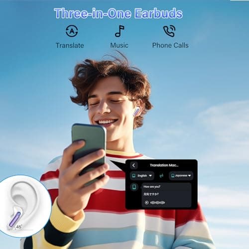 AI Translation Earbuds Real Time with Audio and Video Calls, 164 Language/7 Translation Modes Translator Earbuds Bluetooth 5.4 with APP, 48H AI Ear Buds Translator Device for Business/Learning, Purple — view 6