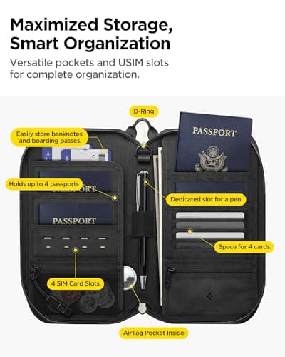 Spigen Life KD500 Klasden Passport pouch case with RFID blocking and SIM card pin Travel organizer for family Passport cover holder for men and women - Black — view 4