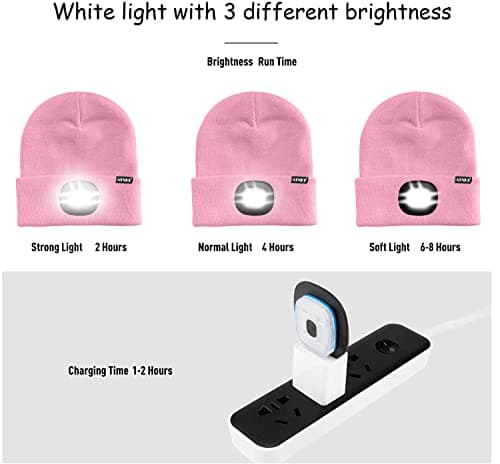ATNKE Kids LED Lighted Beanie Hat,USB Rechargeable 4 LED Running Headlamp Ultra Bright Cap with Light Hands Free Head Torch Winter Warm Lined Fleece Knit Beany Gifts for Boys and Girls/Pink — view 6