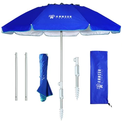 AMMSUN 6.5ft Twice Folded Portable Beach Umbrella with Sand Anchor Windproof,Push Button Tilt and Air Vent UV 50+ Protection Fits in a Large Suitcase for Patio Garden Beach Pool Backyard Blue