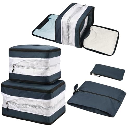 Compression Packing Cubes 5 Set Double Sided Expandable for Suitcases & Carry On Hand Luggage | Travel Organiser with Separate Shoe Bag (Navy blue)