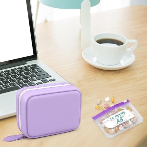A8 Waterproof Pill Pouch Set, Weekly Pill Organiser with 14 Colour-Coded Pouches, Reusable Travel Medication Storage Binder, Portable Zip Pill Case for Vitamins, Fish Oil and Tablets-Purple — view 3