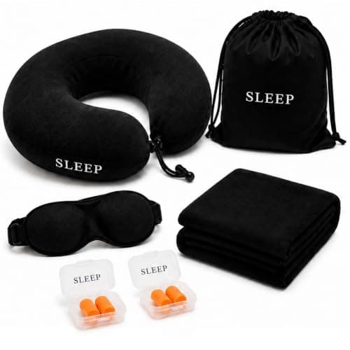 JYW Travel Comfort Set with Memory Foam Neck Pillow, Polar Fleece Blanket, 3D Sleep Eye Mask, 2 Pairs PU Ear Plugs & Oxford Storage Bag | Flight & Travel Accessories Kit | Black