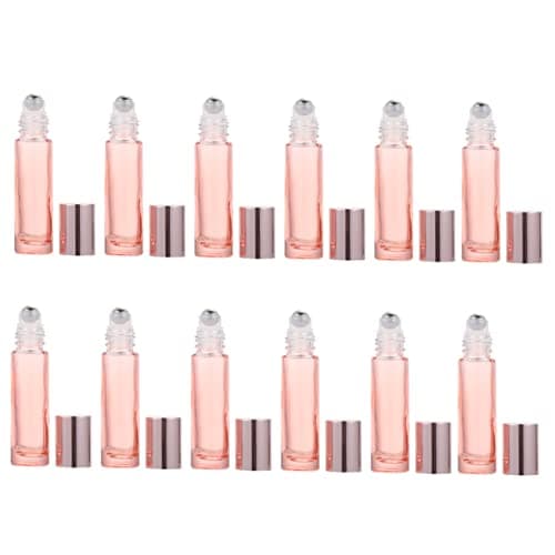 PACKOVE 12pcs 10ml Frosted Glass Roll on Bottles Refillable Perfume Essential Oil Bottles Portable Travel Storage Cosmetic with Rose Gold Caps