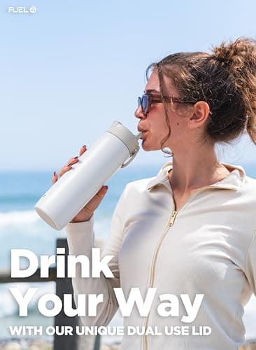 Fuel24 Duo - Stainless Steel Water Bottle 700ml or 1L - Vacuum Insulated Metal Flask with Straw (Dual use Lid) 1 Litre - for Sports, Gym, Work – Slim Design (Sand, 700 ml) — view 5