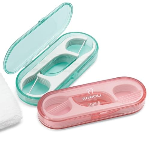 2 Pack Reusable Dental Floss Picks with Travel Cases – 20 Tooth Picks for Teeth Cleaning – Portable His & Hers Flossing Kit – Oral Care for Home, Work, Travel, Camping – Pink & Green