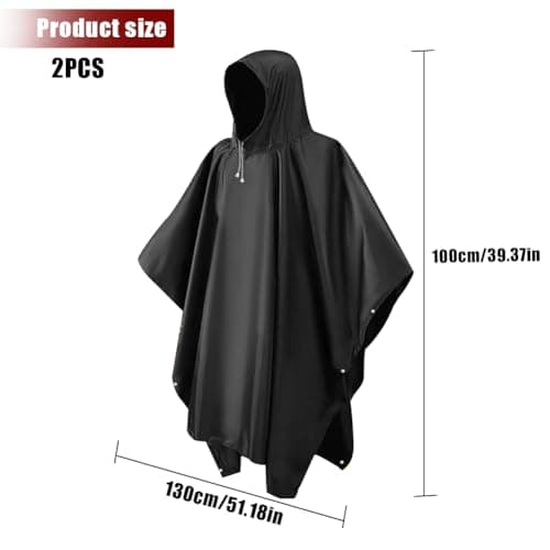 2Pcs Reusable Adult Rain Ponchos, Black Waterproof Poncho Adult, Thick & Wear-Resistant Rain Coat with Drawstring Hood, Portable Rain-Poncho Family Pack for Emergency Outdoors Camping Men Women — view 2