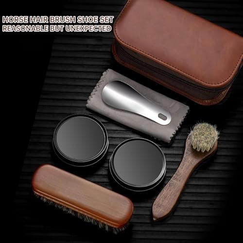 SULIVES Premium Shoe Cleaning Kit, 7 Piece Shoe Shine Kit with Horse Hair Brush, One Box of Black and White Shoe Polish Each, Two Cleaning Cloths, Metal Shoe Pull — view 5
