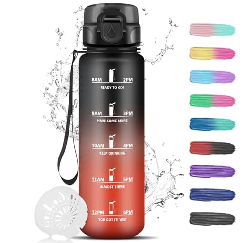 Grsta 1 Litre Sports Water Bottle with Filter, Leak-Proof, Motivational, Black-Red