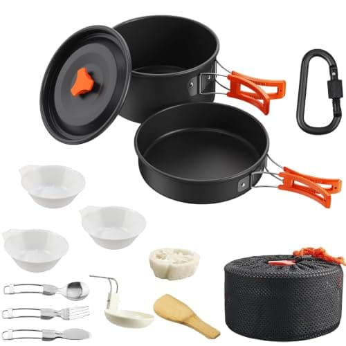 HOMGEN Aluminium Camping Cooking Set with Folding Cutlery for 2-3 People