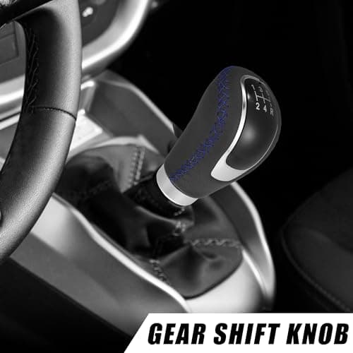 uxcell 5 Speed Car Gear Shift Knob Black Faux Leather with Blue Thread — view 2
