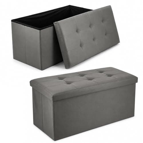 CROWNSHOP Ottoman Storage Bench Footrest Stool Seat Toy Chest Storage Box Folding with Lid Long Shoes Bench Footstool Suitable for Living Room (Dark Grey, Faux leather)