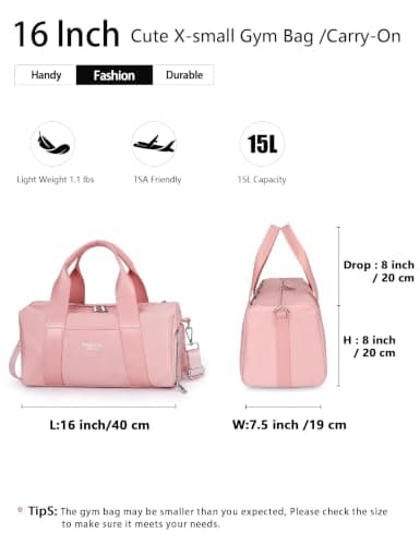 Small Gym Bag for Girls Kids,Sport Duffle Bag for Women Fitness Workout, Travel, Dance, Ballet, Swim with Shoes Compartment & Waterproof Pocket,Easy Carrying Pu Leather Handle (Pink,16"-Small) — view 2