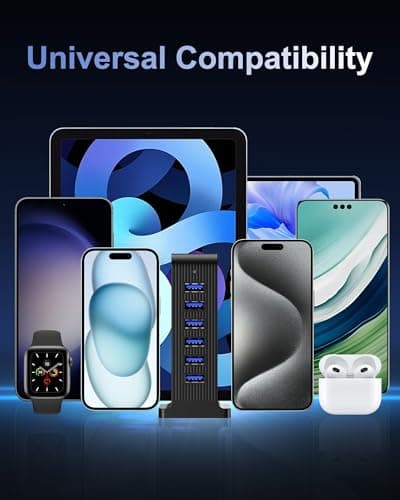 Qurzou 25W USB Charger, Multiport Mains Power Adaptor, USB Charging Station for iPhone, AirPods, iPad, Samsung Galaxy and More - Black (6 Ports) — view 3