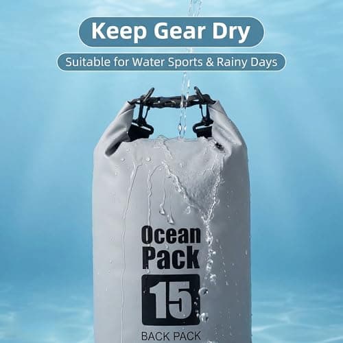 RONGZUBAT 15L Large Waterproof Dry Bag with Shoulder Strap, Roll Top Dry Sack for Outdoor Gear, Waterproof Bag for Kayaking, Boating, Paddle Boarding, Camping, Beach, Fishing and Travel - Grey — view 4