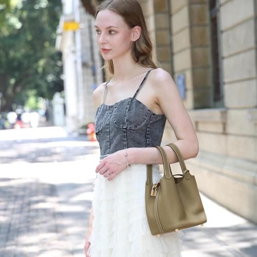 Ladies Handbag - Bucket Bag,Vegetable Basket Shoulder Bag for Travel,Commuter & Student Genuine Leather Design Bucket Bag,Fashionable and Versatile Shoulder Handle Bags Bucket Bags for Women (Grey) — view 2