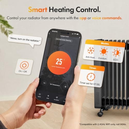 VonHaus Oil Filled Radiator – Digitial LED Oil Heater with Remote Control, WiFi Smart Compatible with Alexa/Google Home – Portable Electric Free Standing 2500W – 24 hour Timer, Adjustable Thermostat — view 4