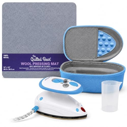 The Quilted Bear Premium Mini Iron and Wool Pressing Mat Bundle, Blue