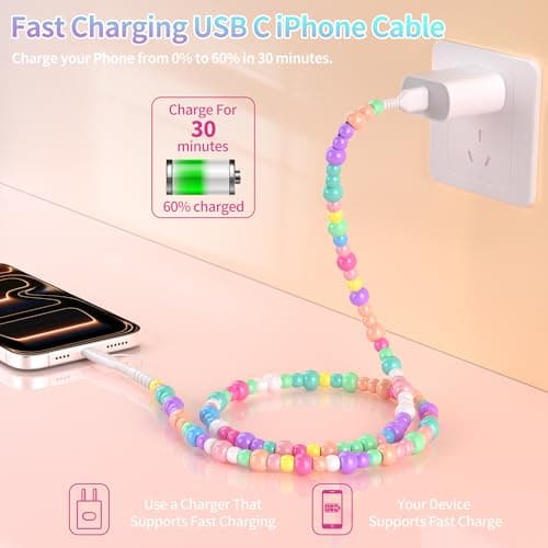 Coolden Multi Charger Cable 2 in 1 USB to USB C Cable for iPhone Charger Cables Fast Charge 60W 3.3FT Girls Cute Beaded Phone Charger Cables for iPhone 17 16 15 14 13, Galaxy S25 S24, iPad-Colorful — view 5
