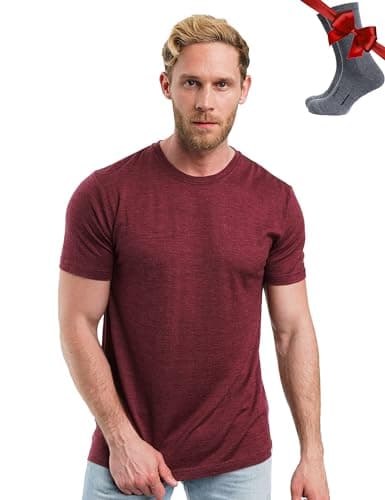 100% Merino Wool T Shirt Mens - Merino Wool Base Layer Men + Hiking Socks (Burgundy Wine, Large)