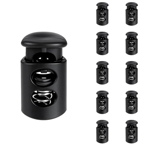 Apausvcm 10Pcs Shoe Lace Tie Locks, Plastic Cord Locks Double Hole Drawstring Stopper Fastener Black Spring Cord Lock for Shoelaces Drawstrings Paracord Clothing Bags Sweatpants Hats (Thin)